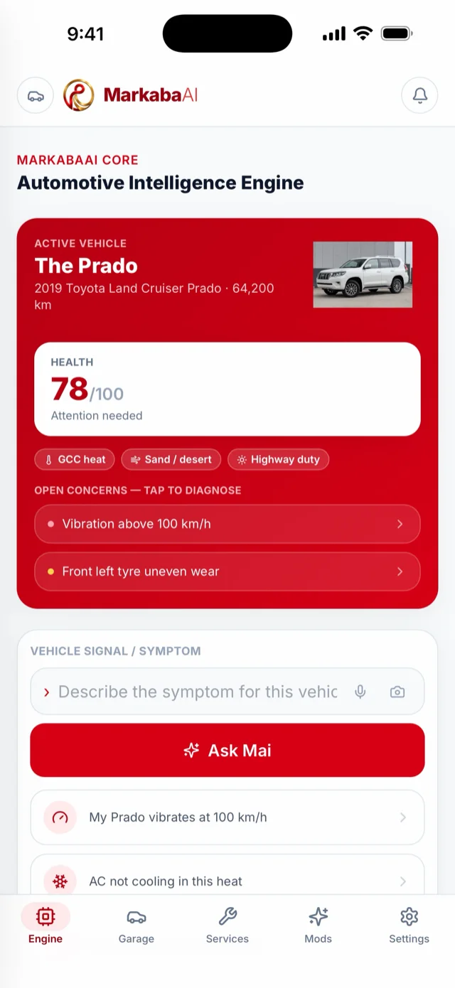 The Markaba AI engine screen: a 2019 Toyota Land Cruiser Prado with a health score of 78 out of 100, two open concerns, and a box to describe a symptom.