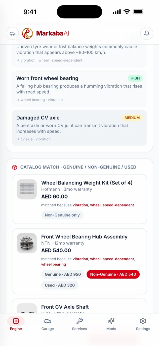 Ranked causes including a worn front wheel bearing marked high confidence, and matched catalogue parts with AED prices.