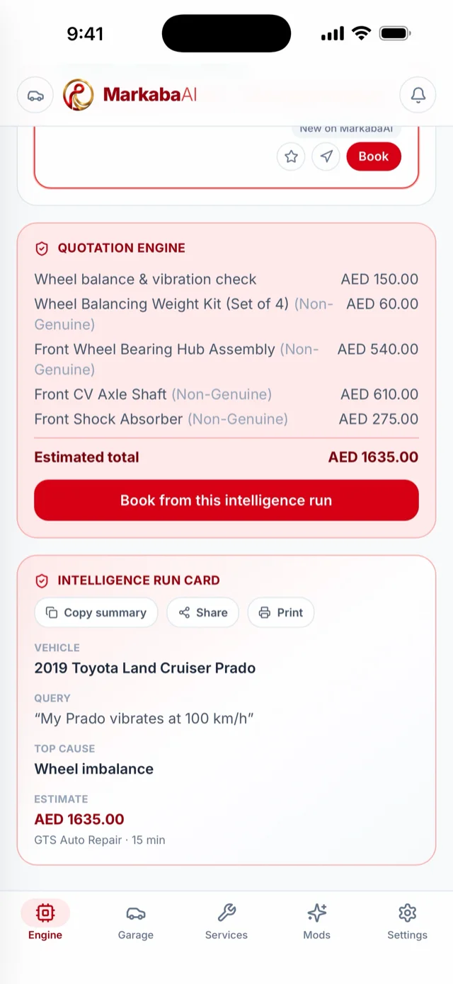 The quotation engine listing labour and parts with an estimated total of AED 1,635 and a Book button.
